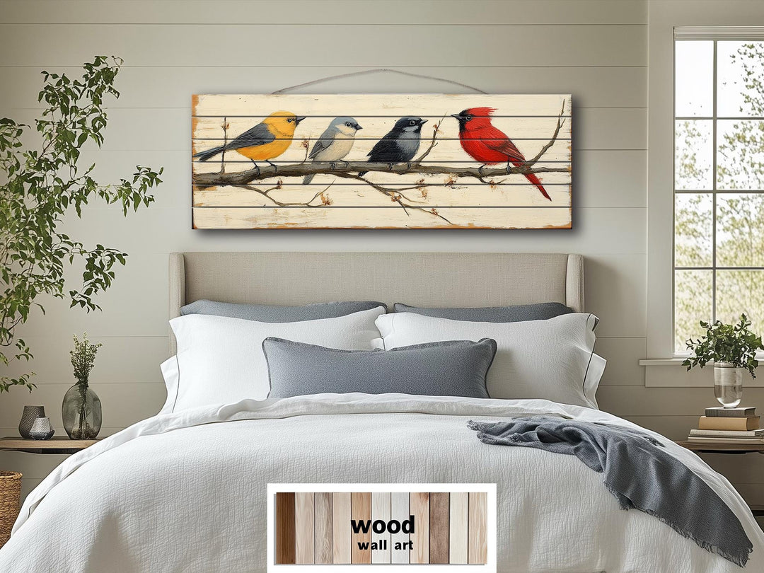 Colorful Birds On Branch Real Wood Long Horizontal Wall Art