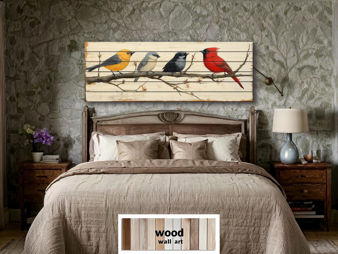 Colorful Birds On Branch Real Wood Long Horizontal Wall Art