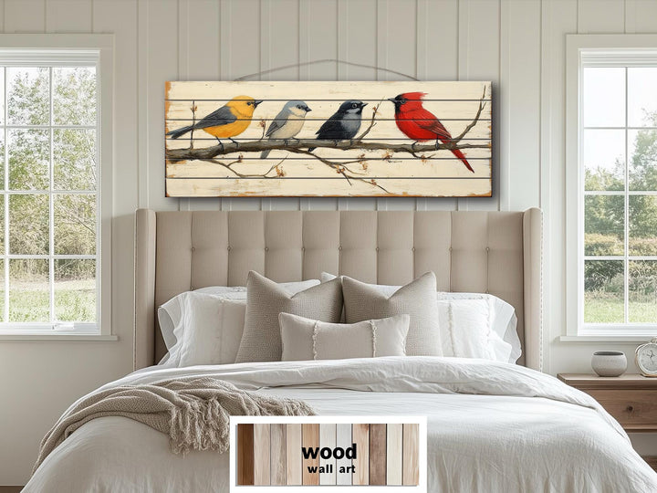 Colorful Birds On Branch Real Wood Long Horizontal Wall Art