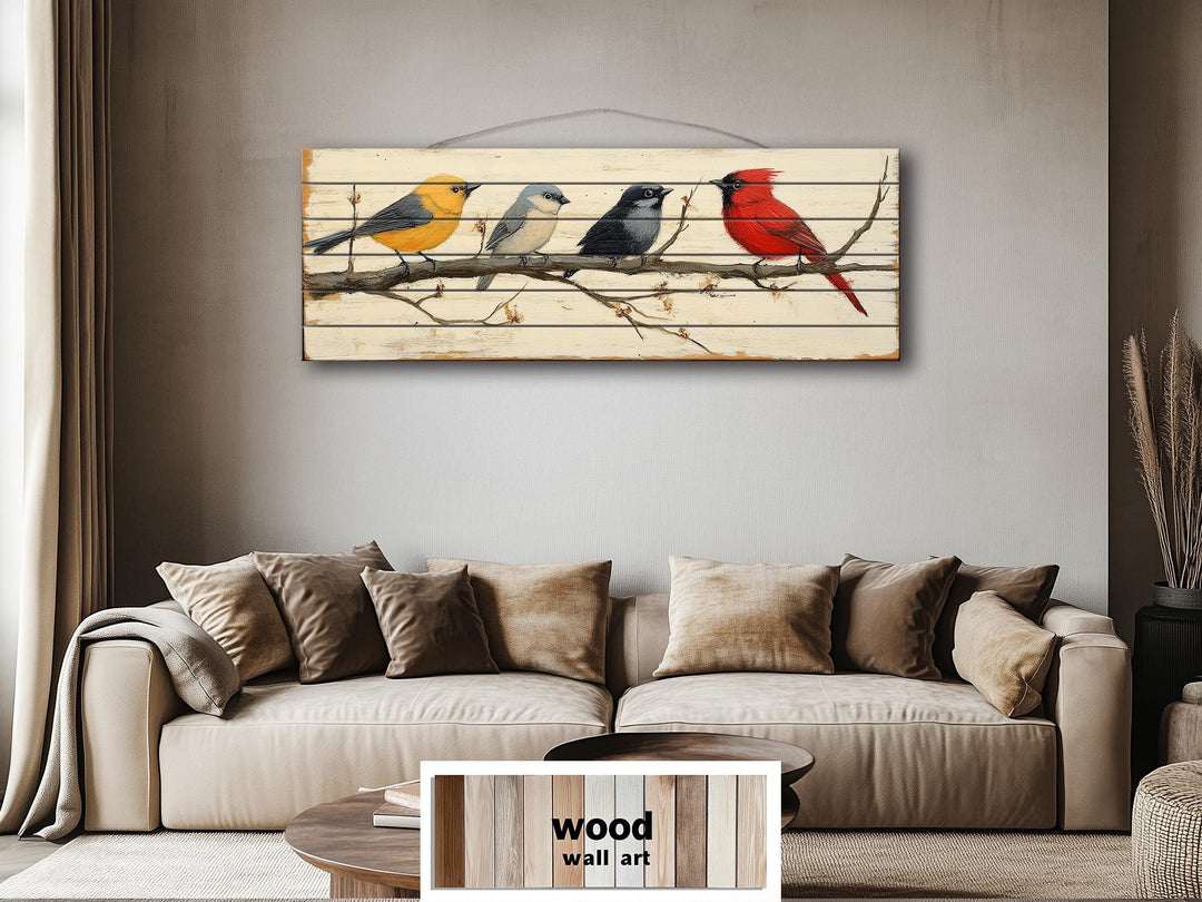 Colorful Birds On Branch Real Wood Long Horizontal Wall Art