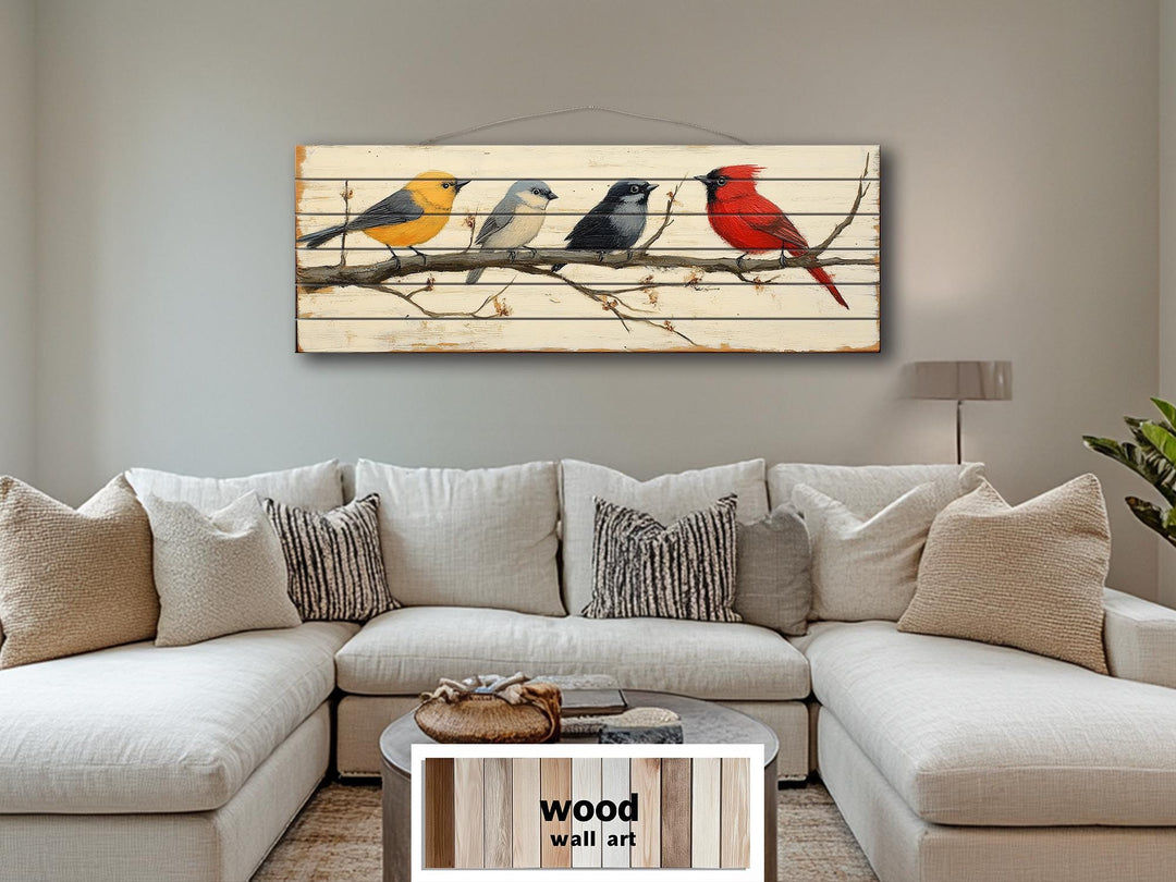 Colorful Birds On Branch Real Wood Long Horizontal Wall Art