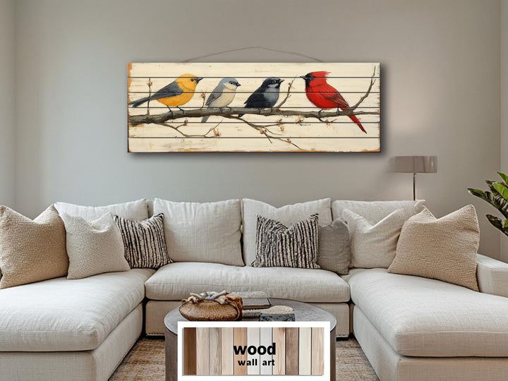Colorful Birds On Branch Real Wood Long Horizontal Wall Art