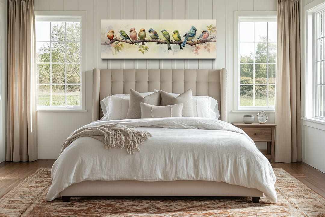 Colorful Birds On a Branch Horizontal Framed Canvas Wall Art