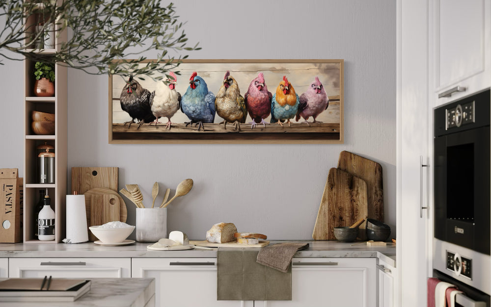 Colorful Chickens Panoramic Rustic Farmhouse Framed Canvas Wall Art