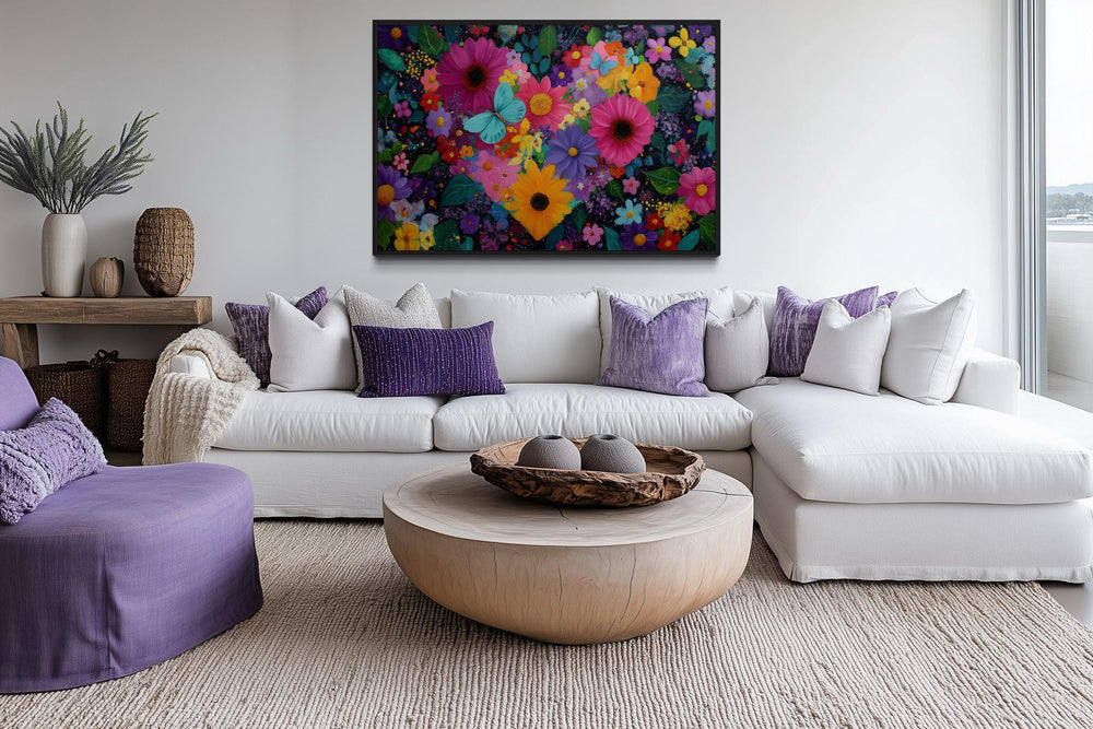 Colorful Purple Floral Heart Wall Art With Butterflies Canvas Wall Decor