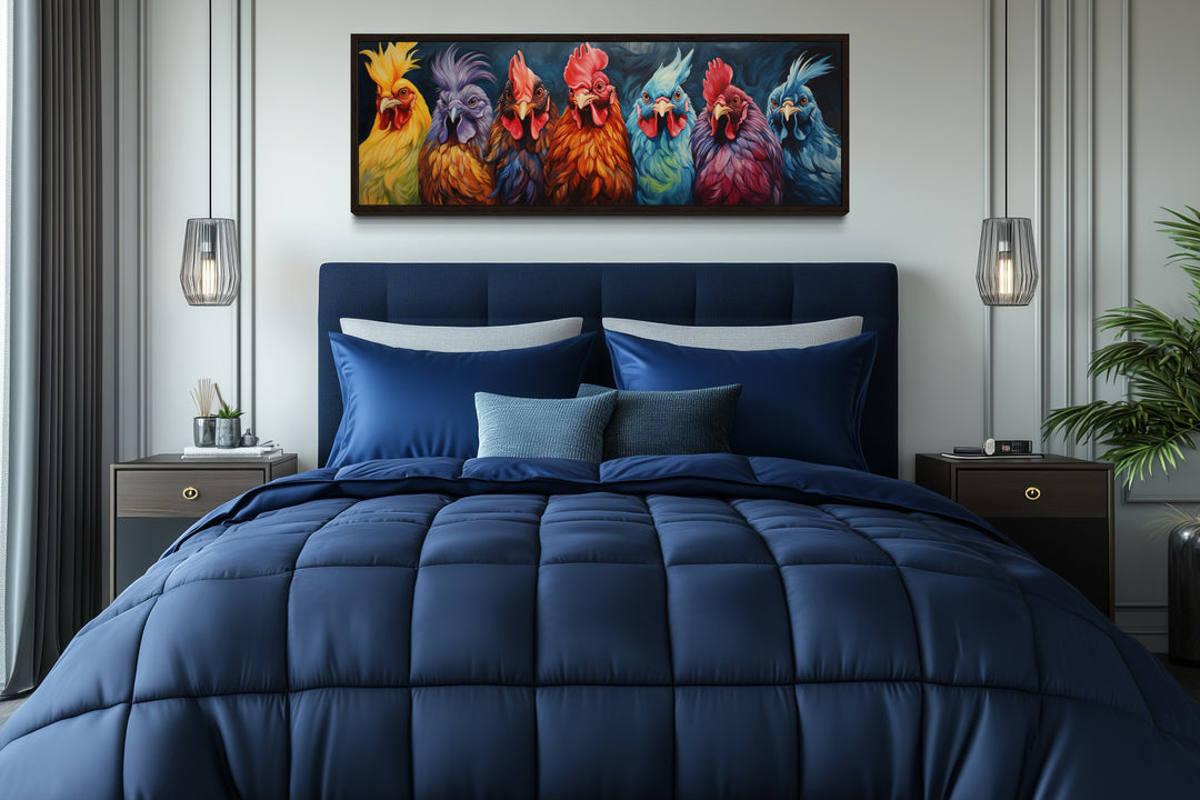 Colorful Roosters And Chickens Horizontal Farmhouse Kitchen Wall Art