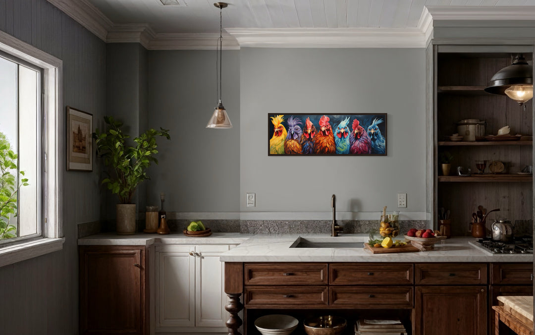 Colorful Roosters And Chickens Horizontal Farmhouse Kitchen Wall Art