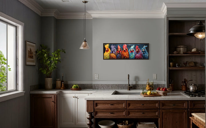 Colorful Roosters And Chickens Horizontal Farmhouse Kitchen Wall Art