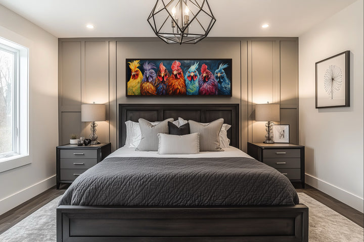 Colorful Roosters And Chickens Horizontal Farmhouse Kitchen Wall Art