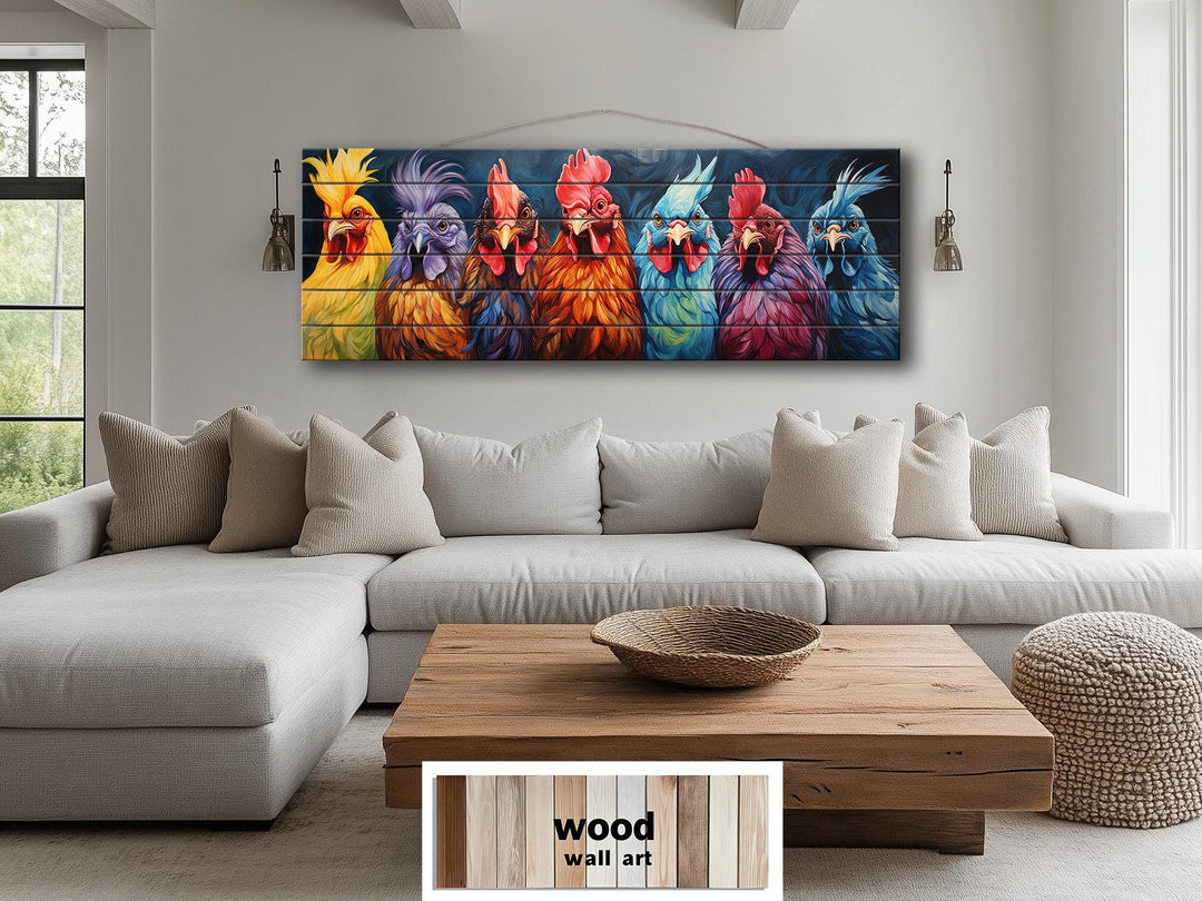 Colorful Roosters Long Narrow Wood Wall Art For Farmhouse Decor
