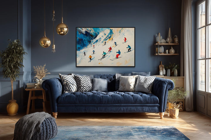 Colorful Skiers on Mountain Slope Framed Canvas Wall Art