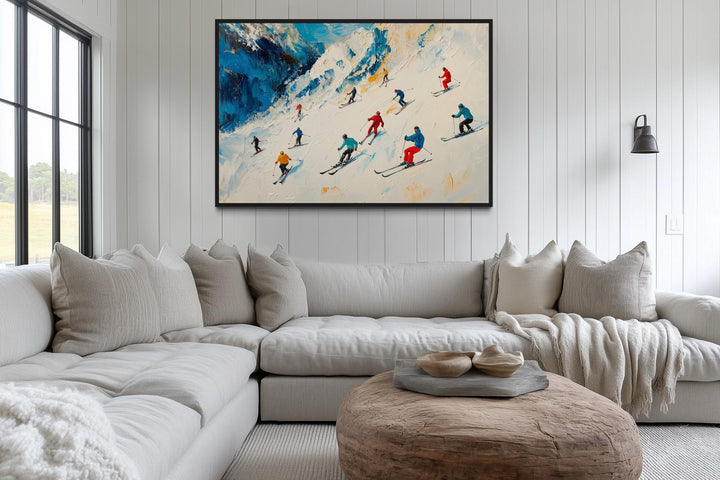 Colorful Skiers on Mountain Slope Framed Canvas Wall Art
