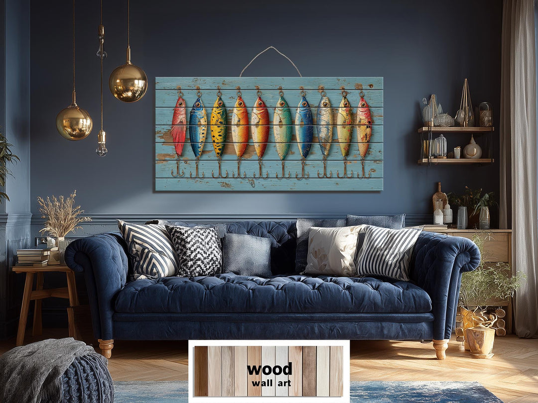 Colorful Vintage Fishing Lures Distressed Wood Wall Art