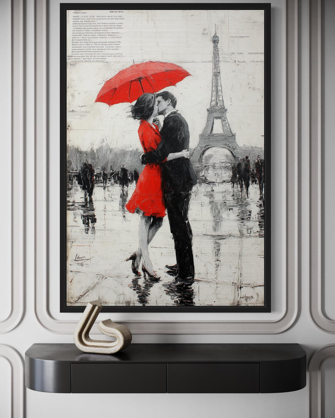 Couple Under Red Umbrella Kissing In Paris Romantic Canvas Wall Art