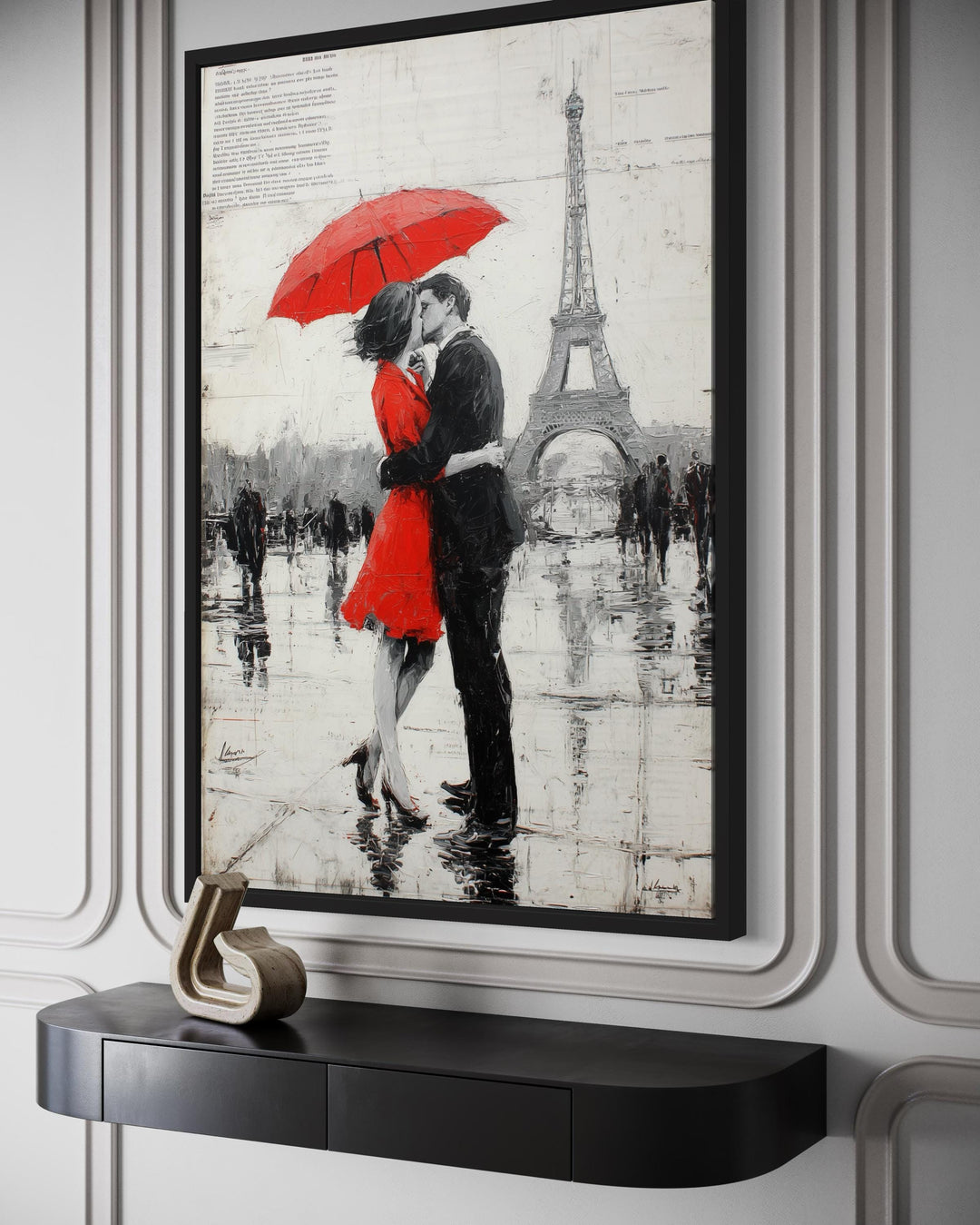 Couple Under Red Umbrella Kissing In Paris Romantic Canvas Wall Art