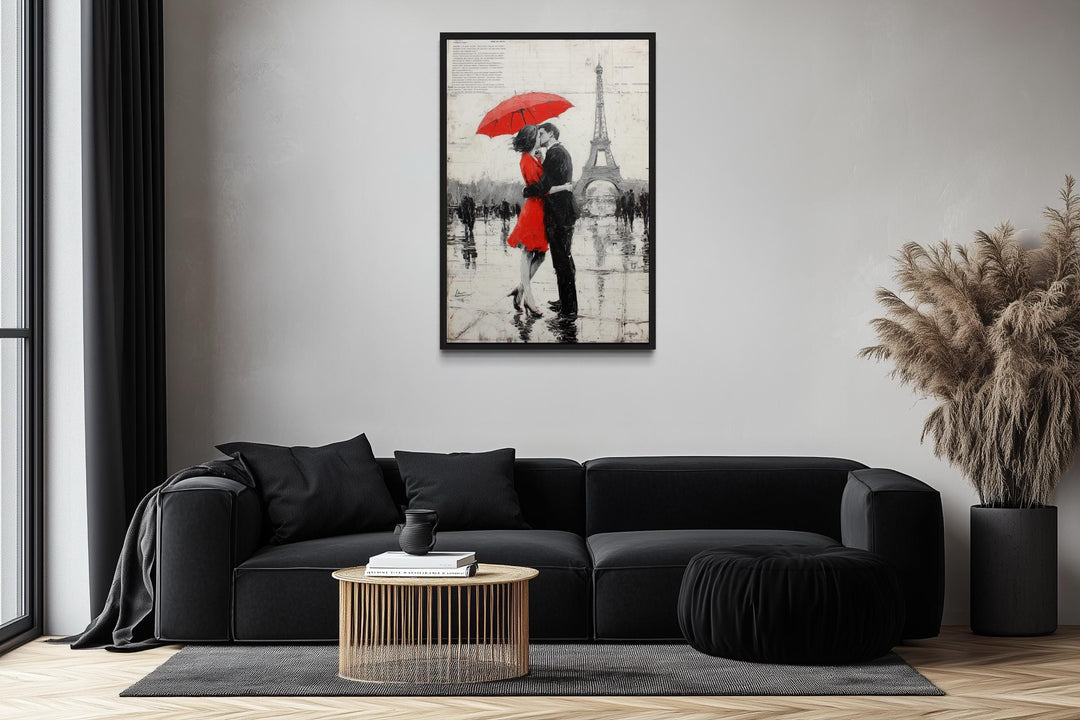 Couple Under Red Umbrella Kissing In Paris Romantic Canvas Wall Art