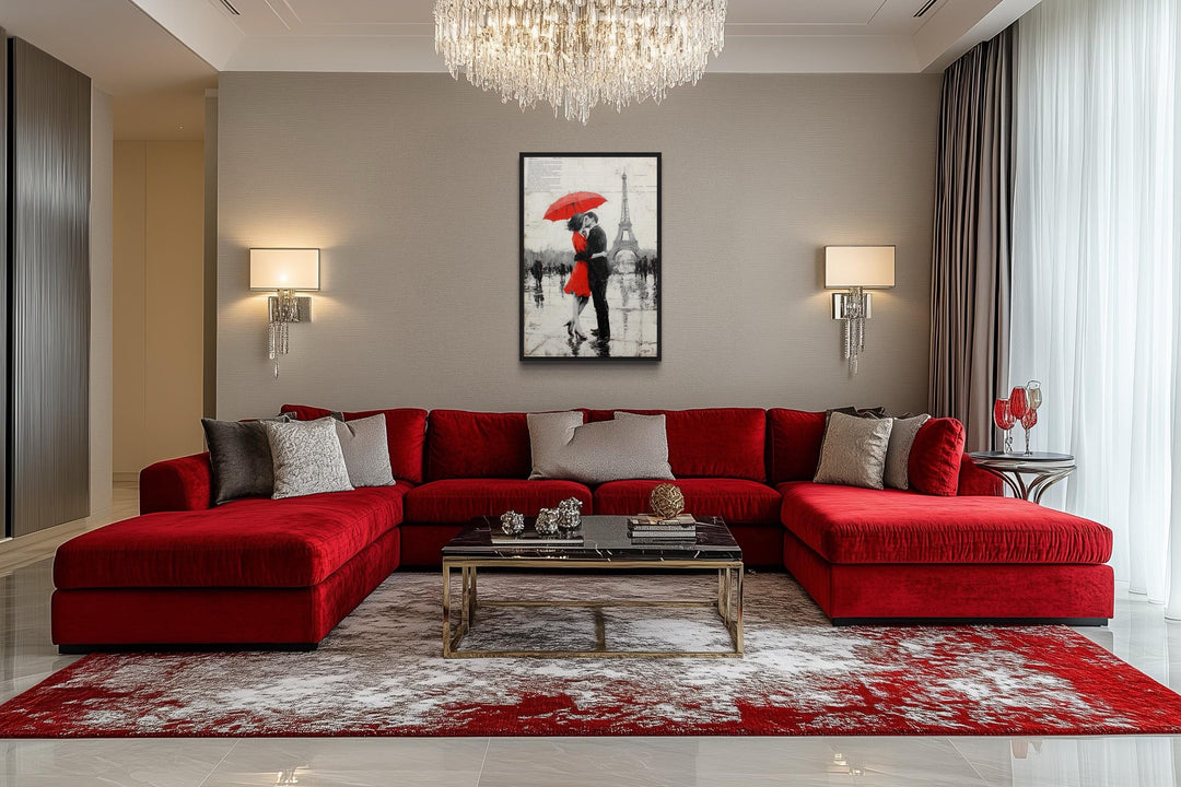 Couple Under Red Umbrella Kissing In Paris Romantic Canvas Wall Art