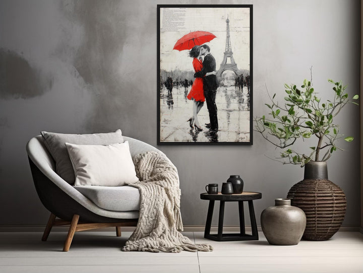 Couple Under Red Umbrella Kissing In Paris Romantic Canvas Wall Art