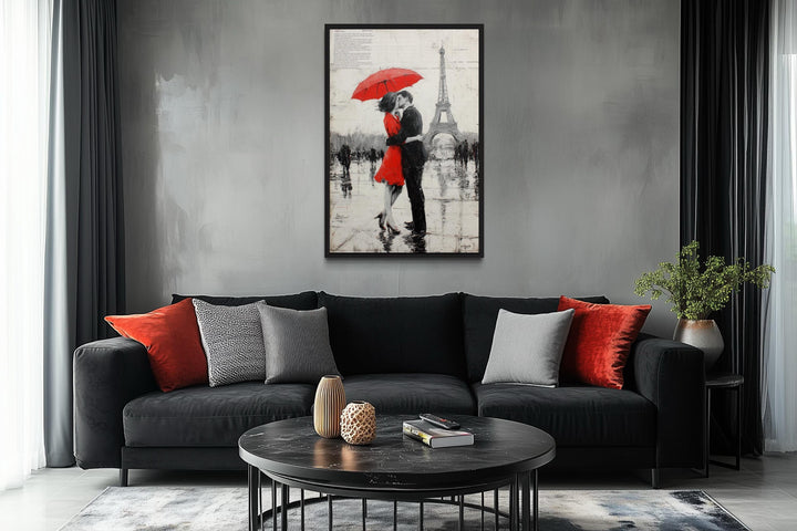 Couple Under Red Umbrella Kissing In Paris Romantic Canvas Wall Art