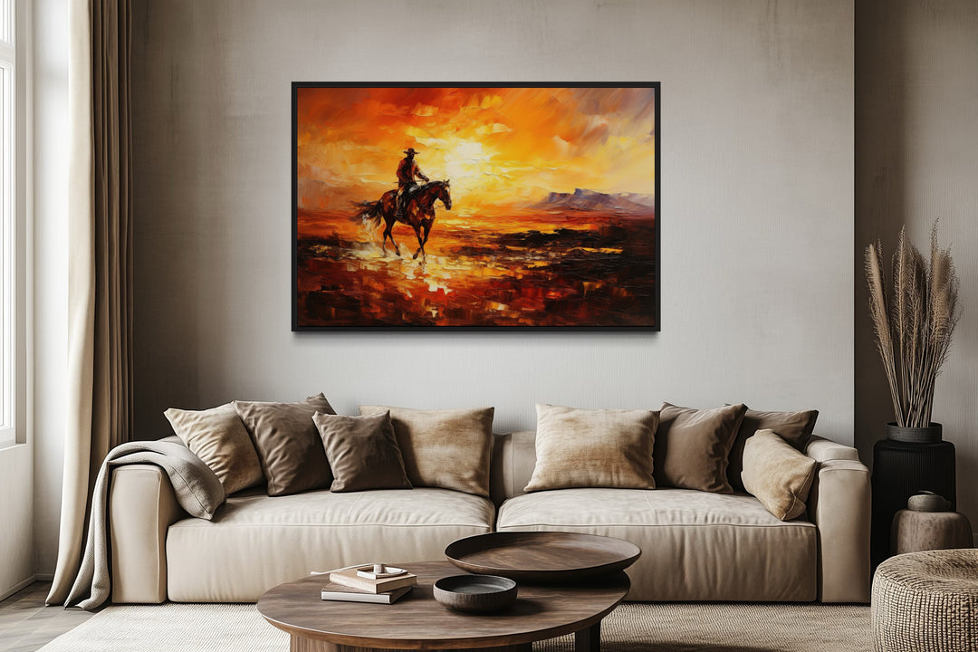 Cowboy Riding A Horse In The Desert At Sunset Wild West Canvas Art