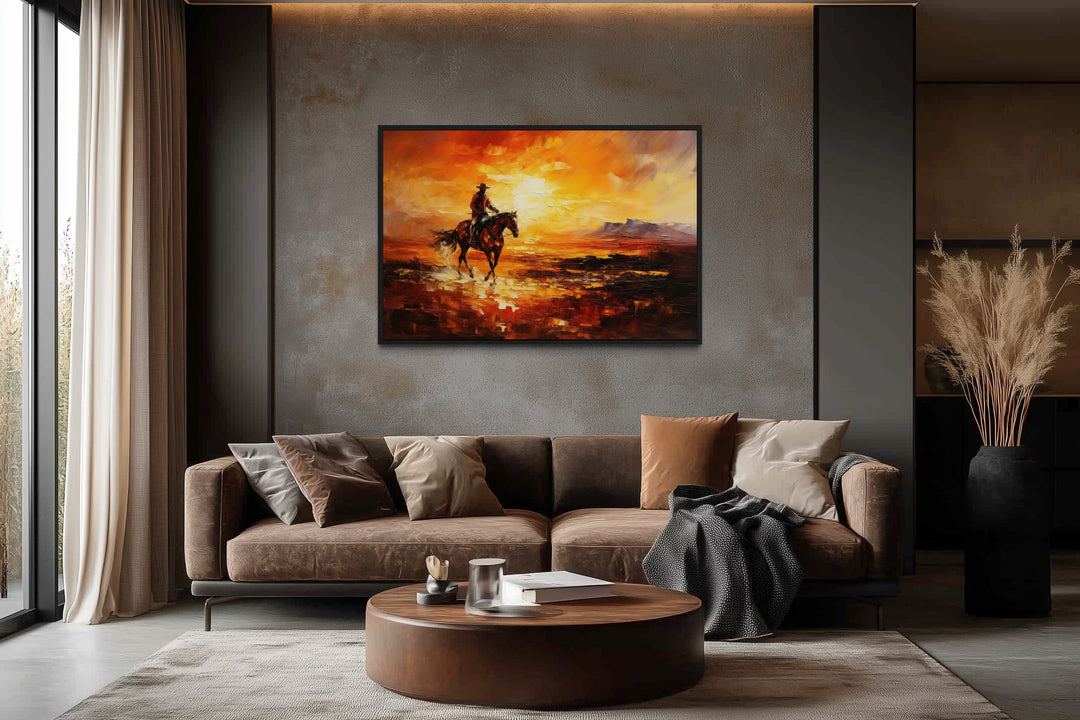 Cowboy Riding A Horse In The Desert At Sunset Wild West Canvas Art