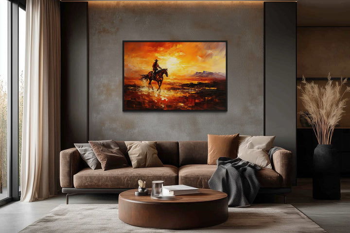 Cowboy Riding A Horse In The Desert At Sunset Wild West Canvas Art
