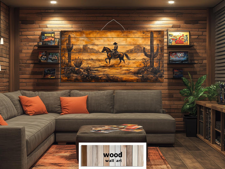 Cowboy Riding Through Desert Distressed Wood Wall Art
