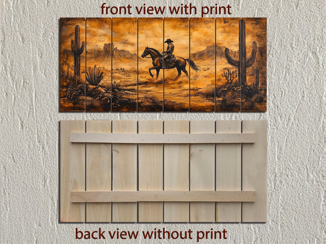 Cowboy Riding Through Desert Distressed Wood Wall Art