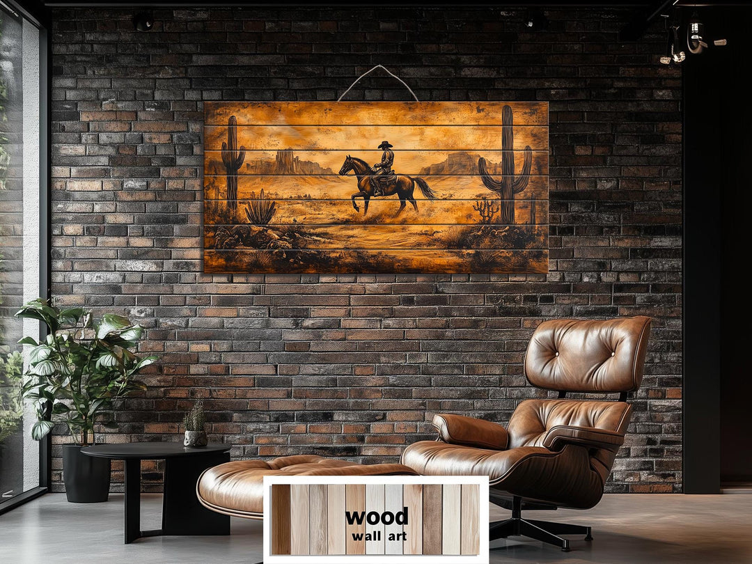 Cowboy Riding Through Desert Distressed Wood Wall Art