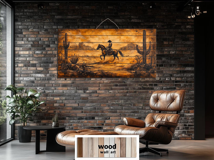 Cowboy Riding Through Desert Distressed Wood Wall Art