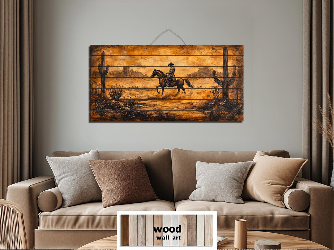 Cowboy Riding Through Desert Distressed Wood Wall Art
