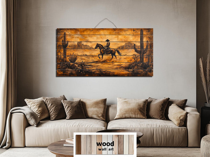 Cowboy Riding Through Desert Distressed Wood Wall Art
