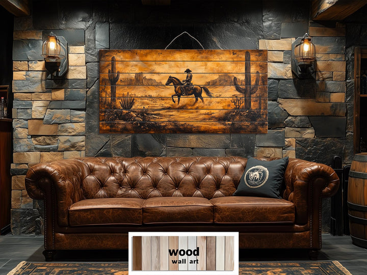 Cowboy Riding Through Desert Distressed Wood Wall Art
