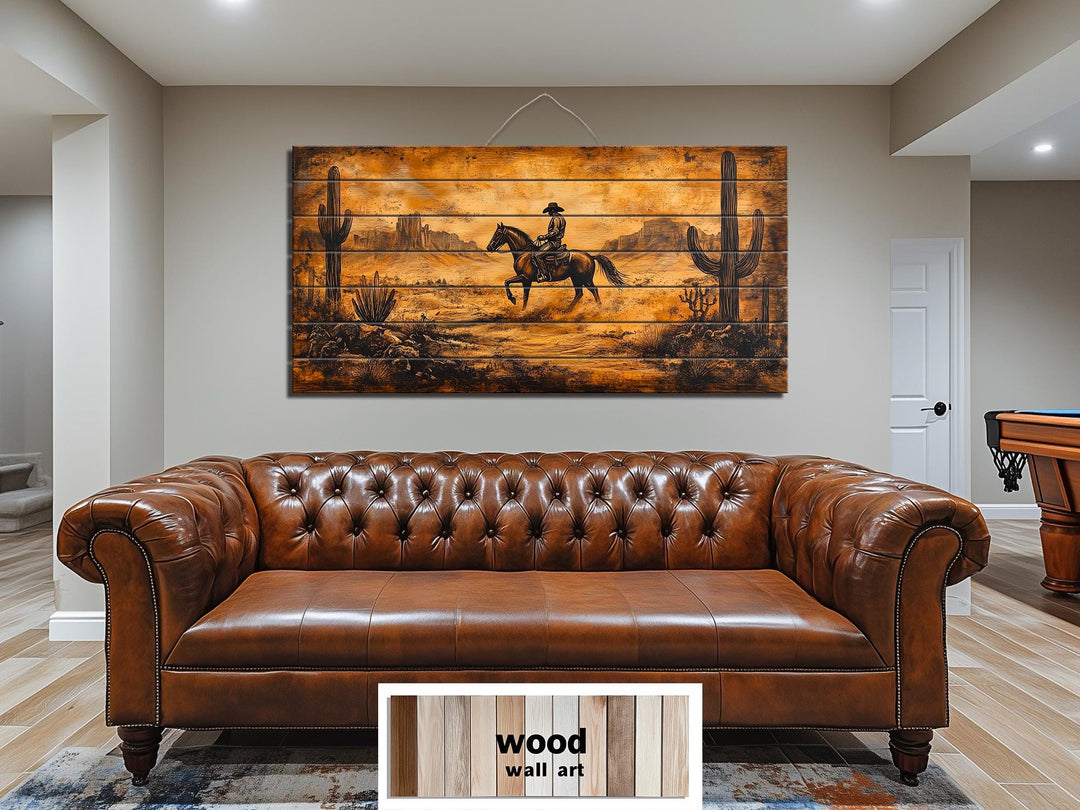Cowboy Riding Through Desert Distressed Wood Wall Art