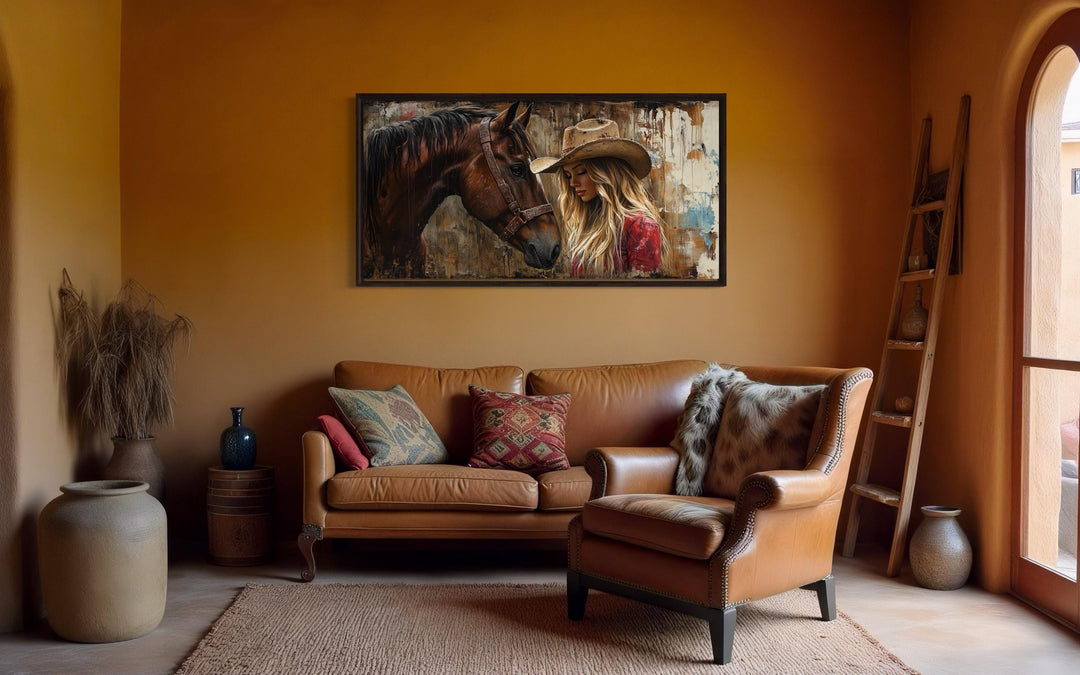 Cowgirl And Horse Graffiti Framed Canvas Wall Art