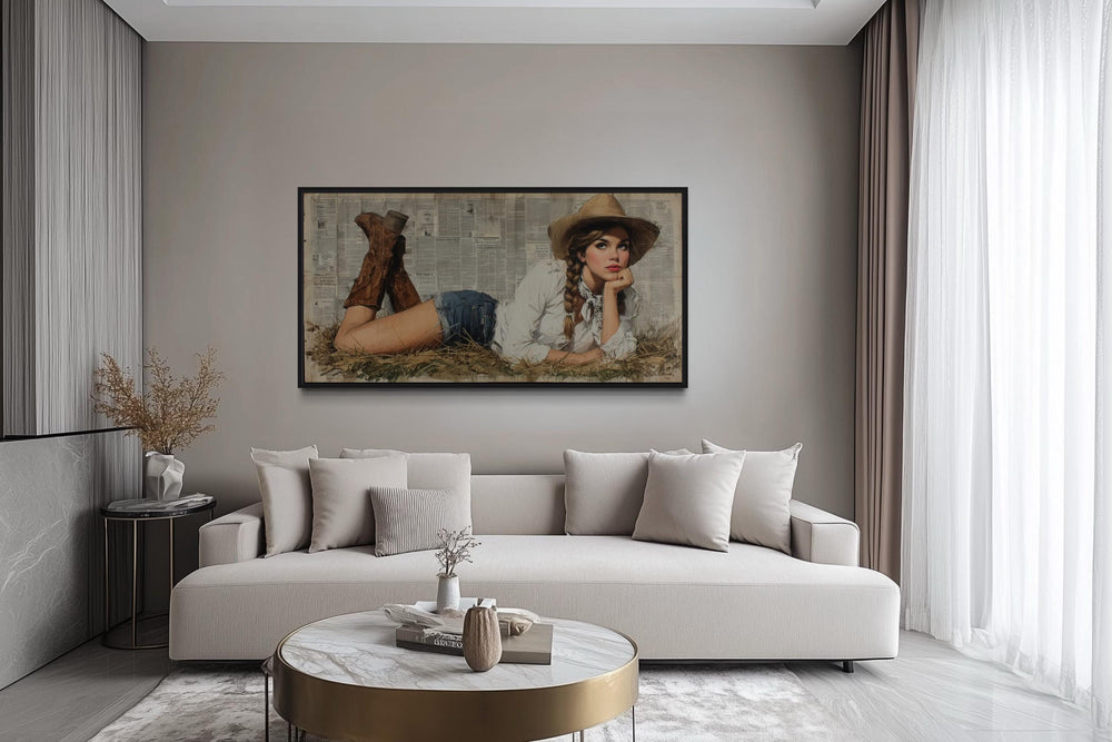Cowgirl In Hay Framed Canvas Wall Art