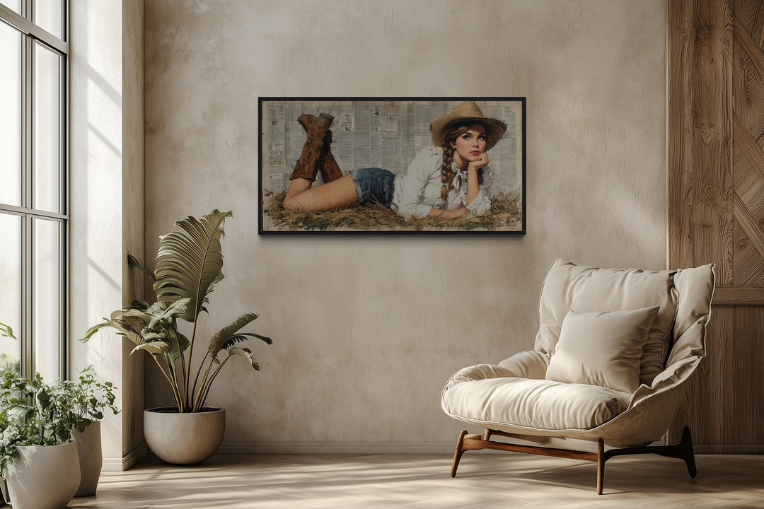 Cowgirl In Hay Framed Canvas Wall Art