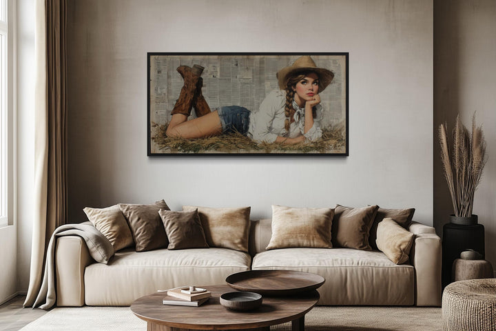 Cowgirl In Hay Framed Canvas Wall Art