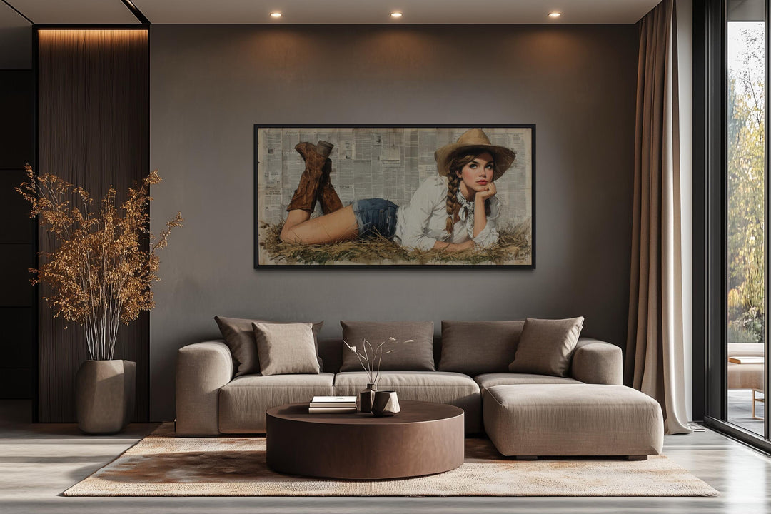 Cowgirl In Hay Framed Canvas Wall Art