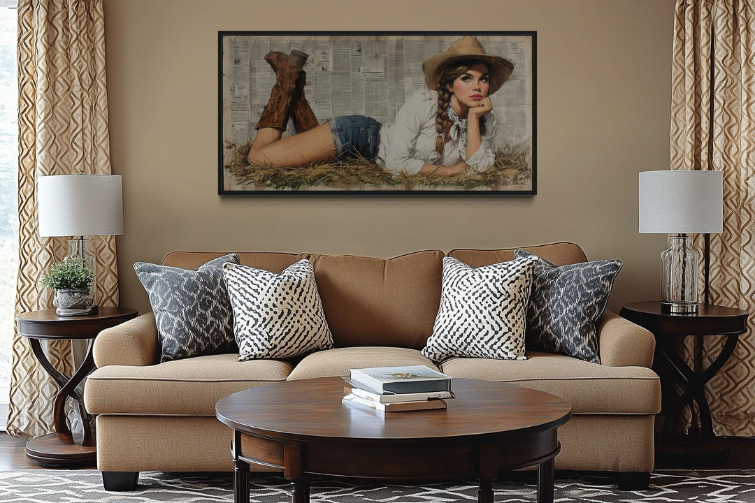 Cowgirl In Hay Framed Canvas Wall Art