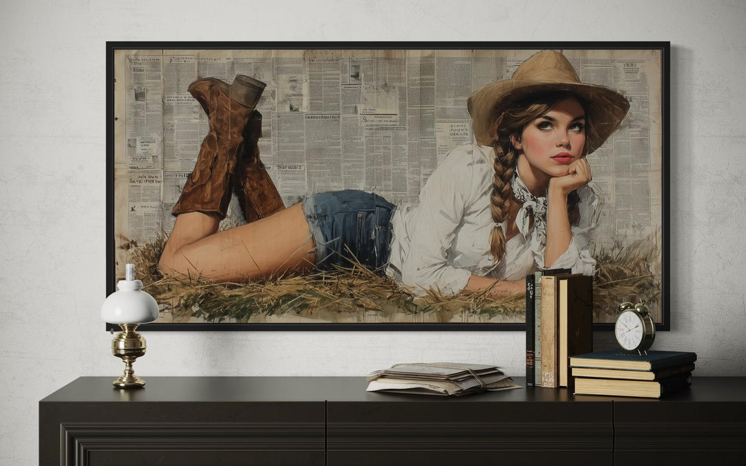 Cowgirl In Hay Framed Canvas Wall Art