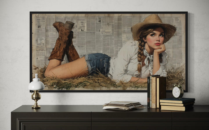 Cowgirl In Hay Framed Canvas Wall Art