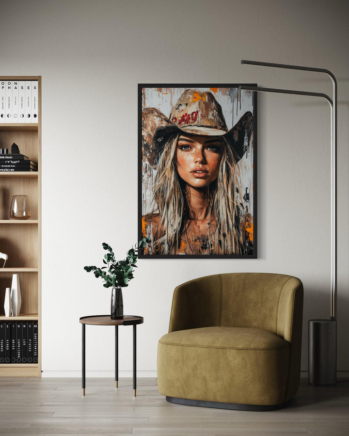 Cowgirl Rustic Graffiti Portrait Framed Canvas Wall Art