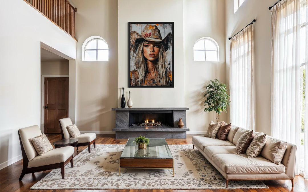 Cowgirl Rustic Graffiti Portrait Framed Canvas Wall Art