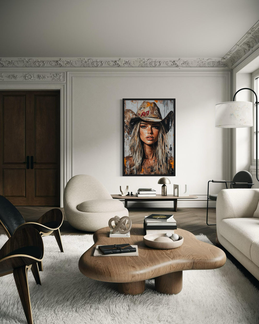 Cowgirl Rustic Graffiti Portrait Framed Canvas Wall Art