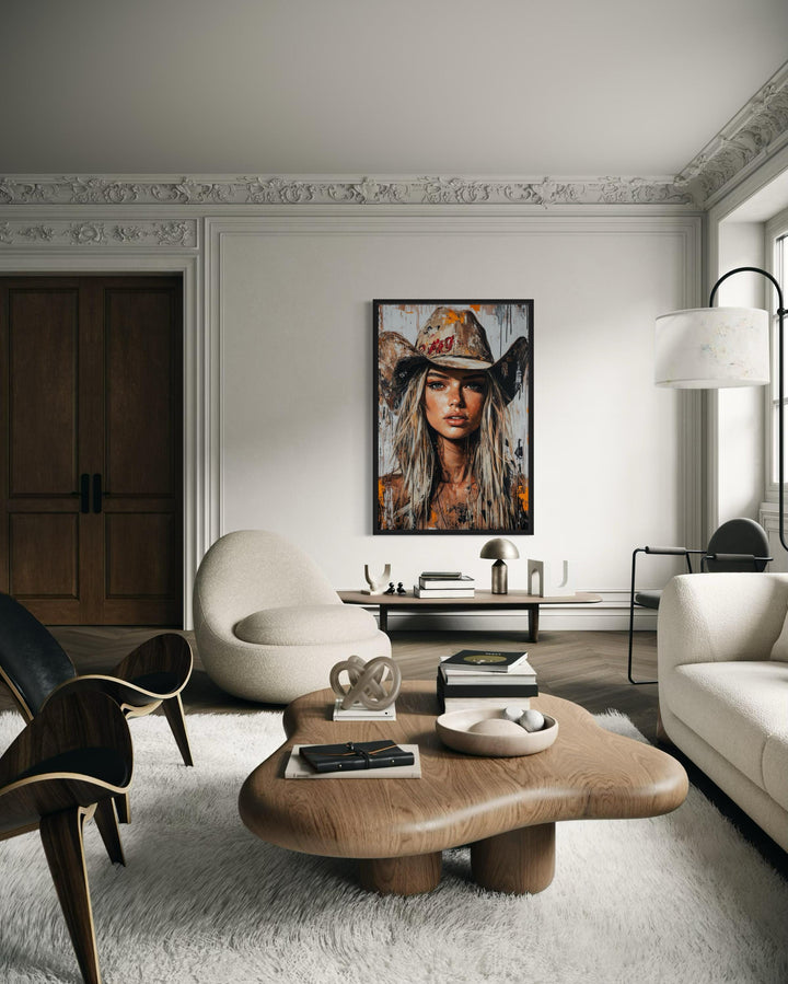 Cowgirl Rustic Graffiti Portrait Framed Canvas Wall Art