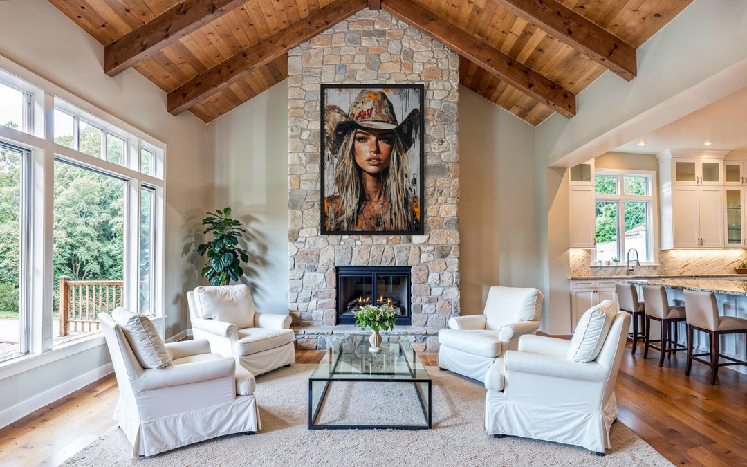 Cowgirl Rustic Graffiti Portrait Framed Canvas Wall Art