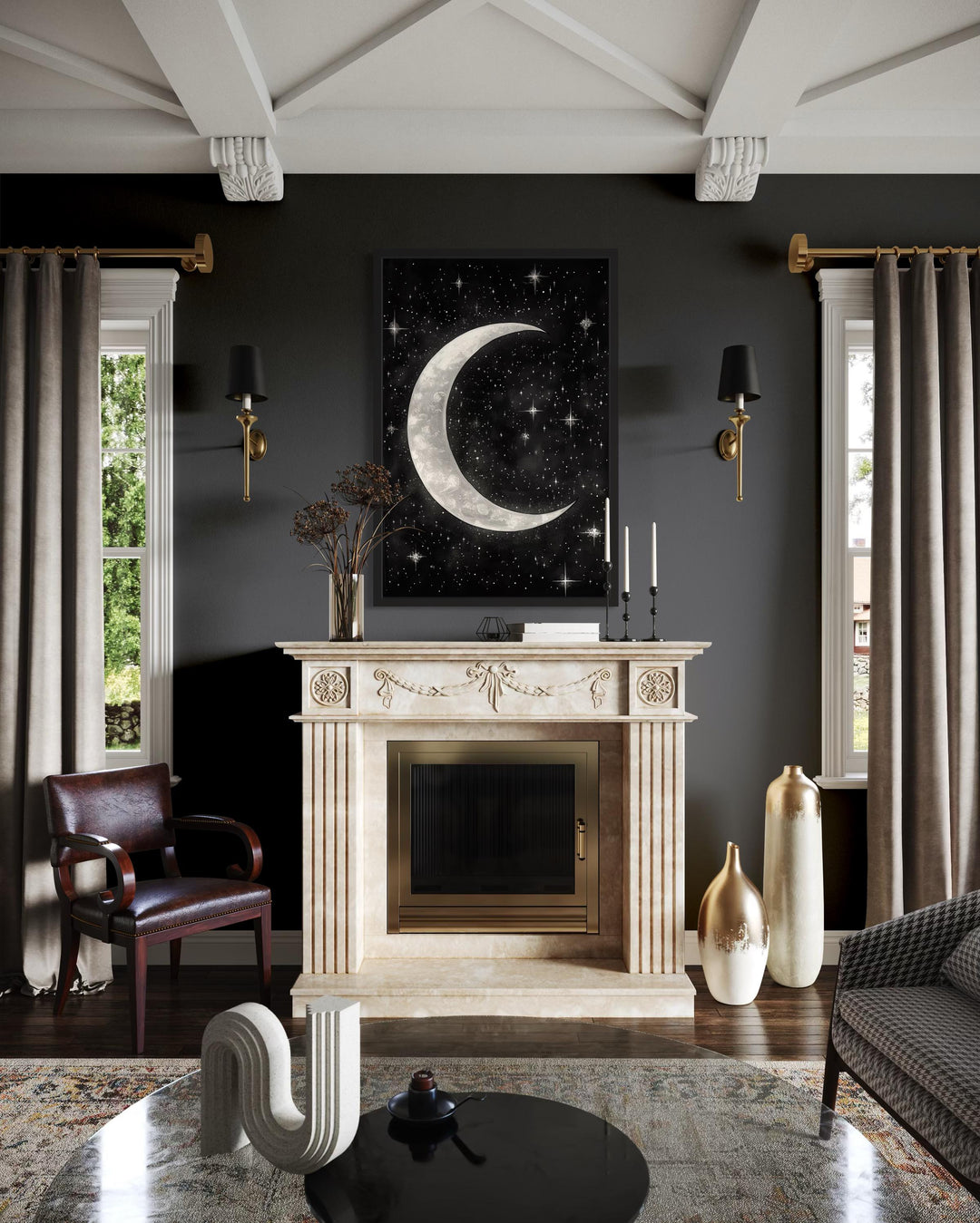Crescent Moon and Stars Framed Canvas Wall Art