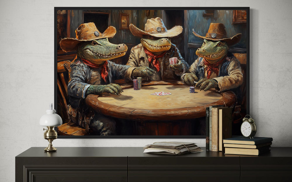 Crocodiles Playing Poker Game Room Or Man Cave Framed Canvas Wall Art