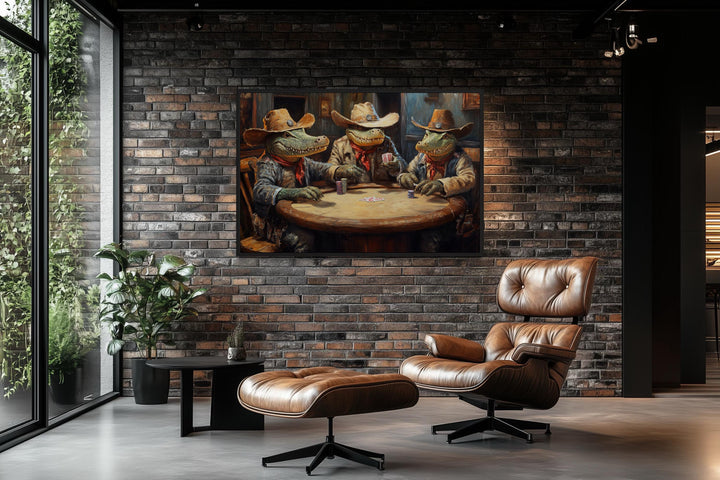 Crocodiles Playing Poker Game Room Or Man Cave Framed Canvas Wall Art